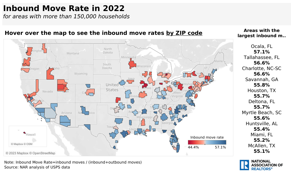 map of USA showing inbound move rate