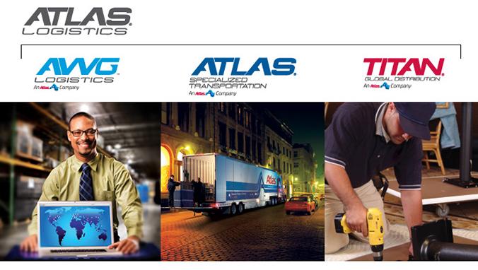 Atlas Logistics logo, with AWG Logistics logo, Atlas Specialized Transportation logo, and Titan logo.
